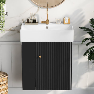 21.6" Floating Bathroom Vanity Sink Combo, Modern Wall Mounted Bathroom Storage Cabinet Set w/White Ceramic Basin Sink Top & Open Shelf for Small Space