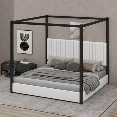 King Size Upholstery Canopy Platform Bed With Headboard And Metal Frame