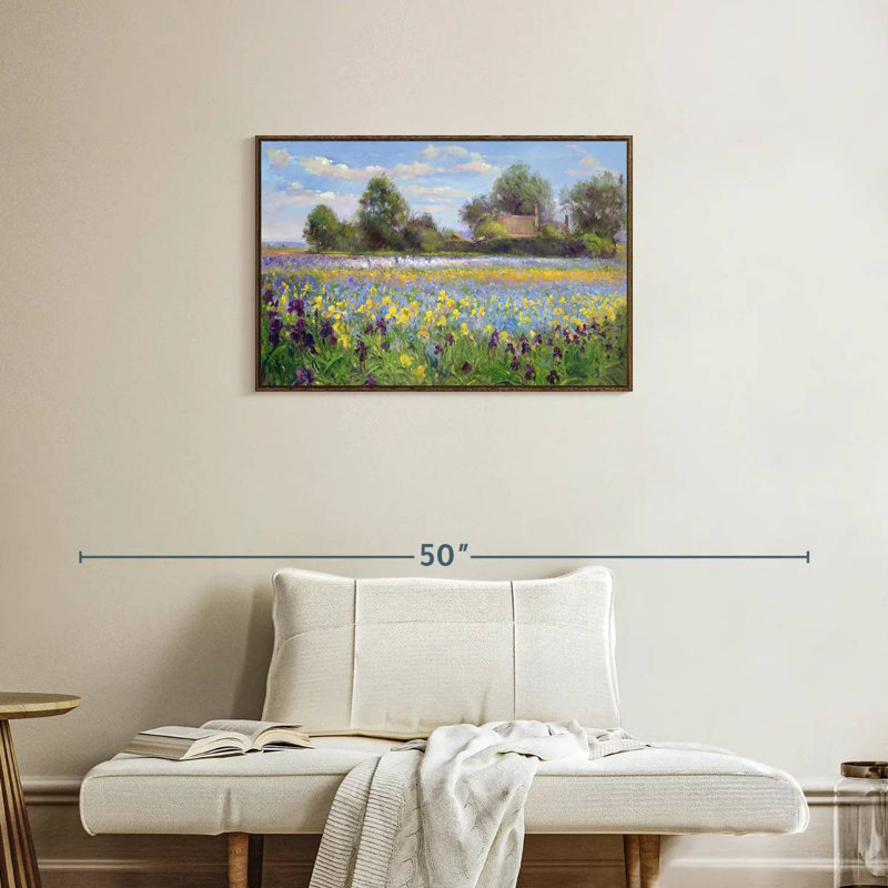 Ferme et champ d'iris, Cadre flottant noyer, 31 po x 21 po