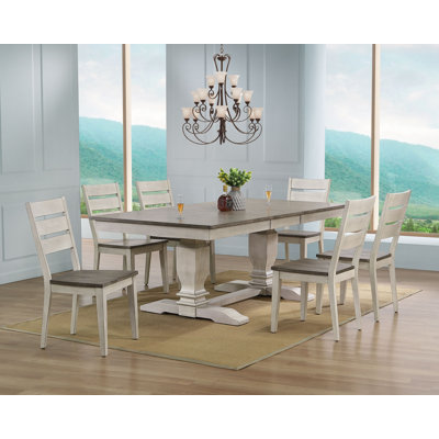 Conesha 7 - Piece Rectangle Extendable Solid Wood Double Pedestal Dining Set in White and Grey