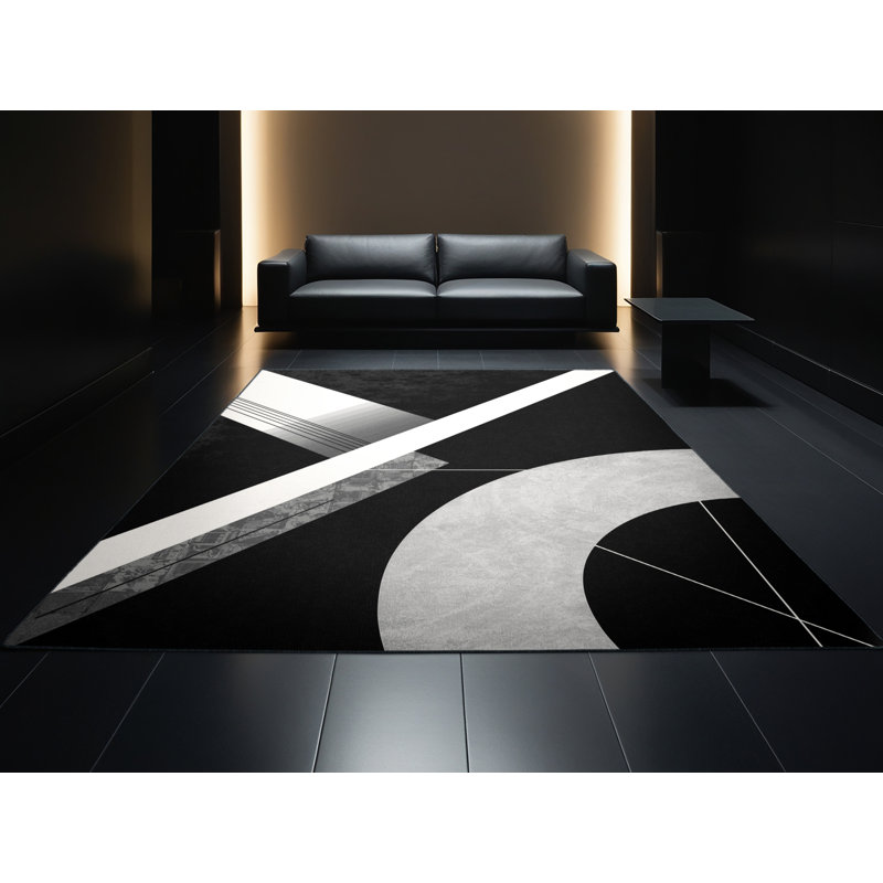 Machine Washable Carlstadt Modern & Contemporary Geometric Rug in Black – Black Binding, 3' Round