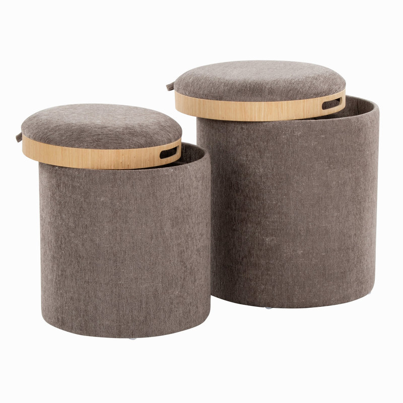 Ensemble de repose-pieds gigogne contemporain en tissu brun et bois naturel, Brown