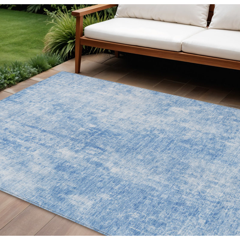 Tapis extérieur lavable abstrait bleu et ivoire 10 pi x 14 pi Denim