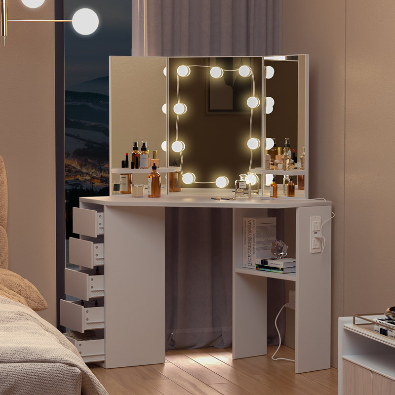 Bureau de coiffeuse élégant avec miroir lumineux - coiffeuse de maquillage spacieuse, éclairage à DEL réglable pour le rangement dans la chambre et multi-usage