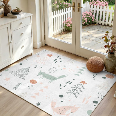 Clear Machine Washable,with Foxes and Christmas Indoor Area Rug