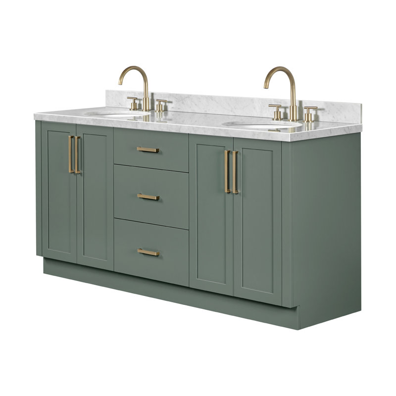 Meuble-lavabo double ovale de 185 cm avec comptoir en marbre blanc de Carrare de 3,8 cm d'épaisseur, couleur vert vintage