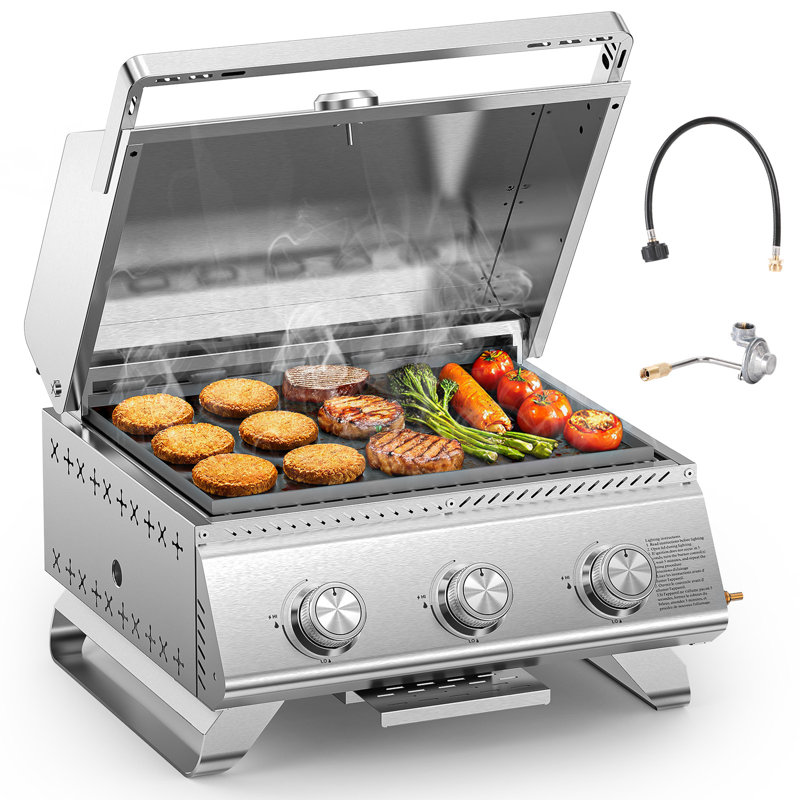 R.W.FLAME 3-Burner Gas BBQ Grill ，Upgraded24,000 Btu Stainless Steel Portable Propane Grill W/ Griddle, Thermometer, Backyard, Camping