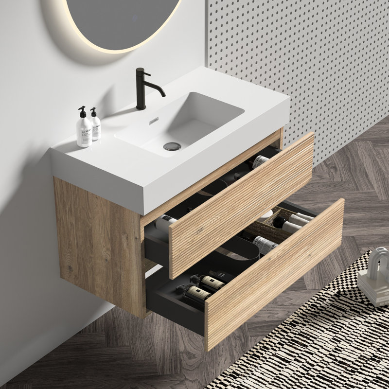 Meuble-lavabo moderne avec chêne brut de 36 po, tiroirs doubles, panneau de grille en chêne, matériau de qualité E1, meuble-lavabo rails silencieux, laque à base d'eau E0, quincaillerie