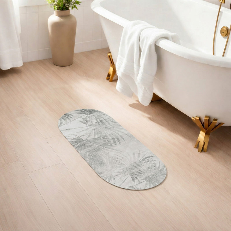 Decorative Runner Bath Mat 40x18 – Ultra Absorbent Quick Dry Rug with Anti-Slip Rubber Backing, Light Gray Palm Tree
