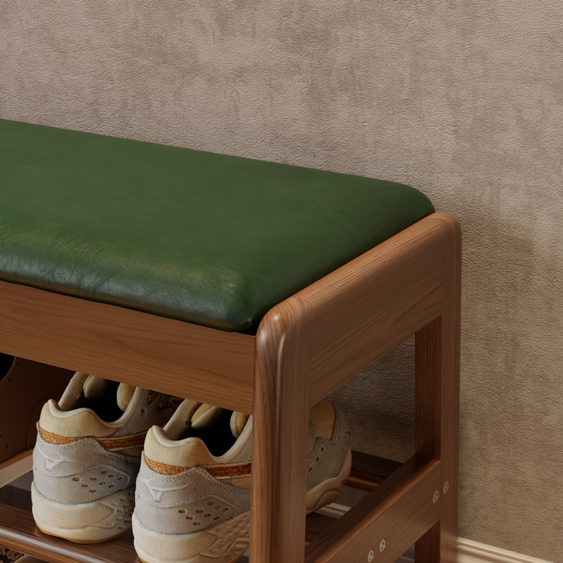 Solid wood shoe benches, leather or linen seat, double-tiered shelf design, flip-up storage, 23.6" W, Orange/Walnut Brown