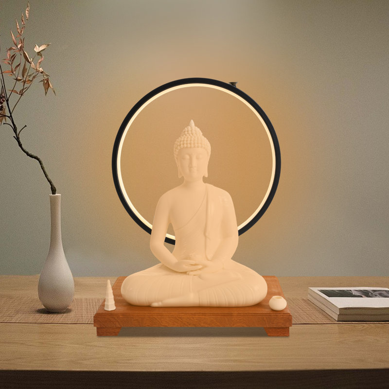 Ceramic Buddha Statue And LED Circle Table Lamp For Home Décor, White