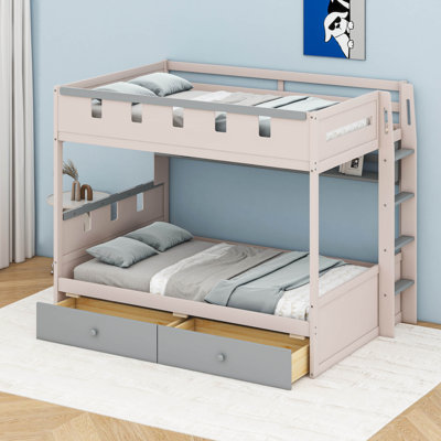 Bunk Bed With LED Lights, Wood Castle Style Bunk Bed With Storage Drawers And Shelf