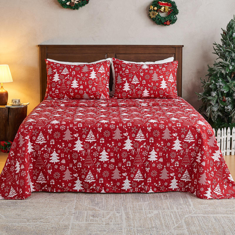 Ensemble de draps 4 po Gogreen, Ensemble de draps pour lit double avec 2 taies d'o, 01-arbre de Noël