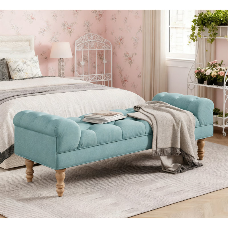Button-Tufted End of Bed Bench, Dusty Teal, Natural