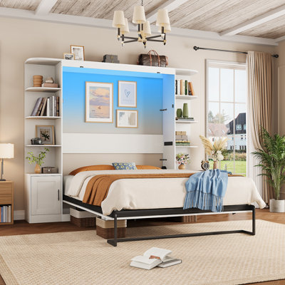 Murphy Bed With 2 Side Storage Cabinets, Open Shelves & LED Lights, Space‑Saving Fold‑Up Cabinet Bed, No Box Spring Needed For Home Office Guest Room