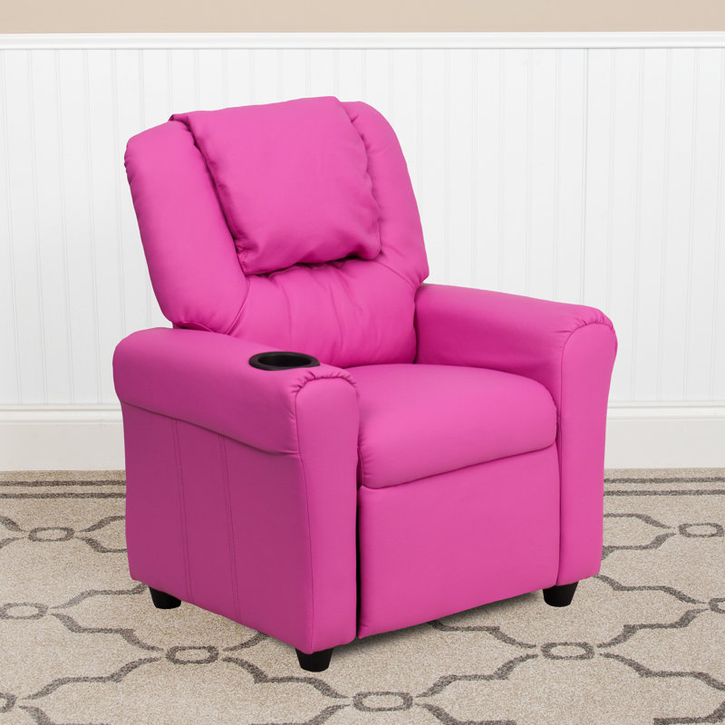 Contemporary Kids Recliner with Cup Holder and Headrest, Hot Pink