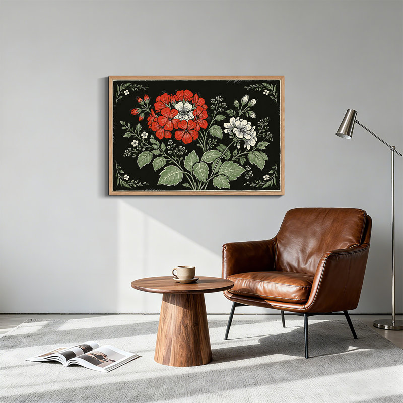 Fleurs rouges et blanches gravées sur bois avec des feuilles vertes sur toile noire, 24"H x36"W