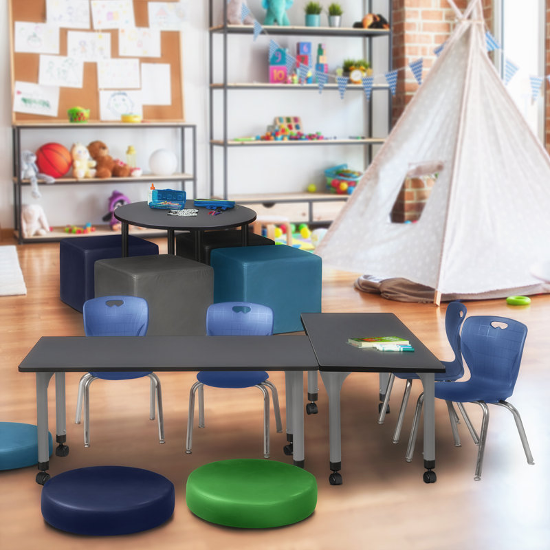 Table de classe réglable Kee Mobile, 2 chaises empilables et base Andy, Bleu, gris, H 34 po x l 48 po x P 24 po