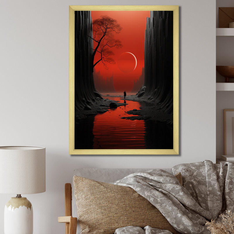 Solitude Walking Alone By Red Sky The River - Storms Canvas Print, H 32 po x l 24 po x P 1 po, Encadrement doré