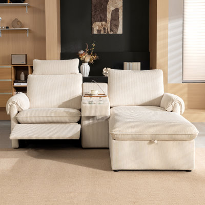 Modular Recliner Sofa with Console & Storage Ottoman, Corduroy Sectional with USB Charging, Cup Holders & Power Recline, White