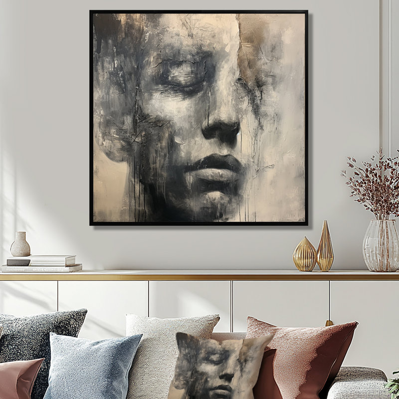 Contemplation monochromes visage homme - Portraits abstraits, art mural, Toile avec cadre flottant noir