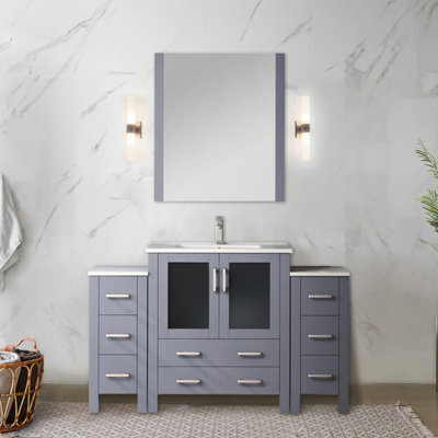 54 In. Wide Dark Grey Single Bath Vanity With Side Cabinet Storage, White Ceramic Surface, 28 Tall Mirror, Soft - Closing Drawer Hardware, Wood Made Body, And Multiple Storage Drawers W Cabinets,