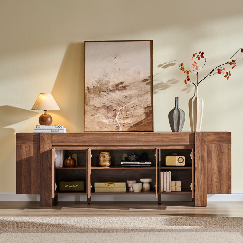 70" Modern Farmhouse Wooden Tv Stand, Media Console With Closed Storage Cabinets, Light Walnut