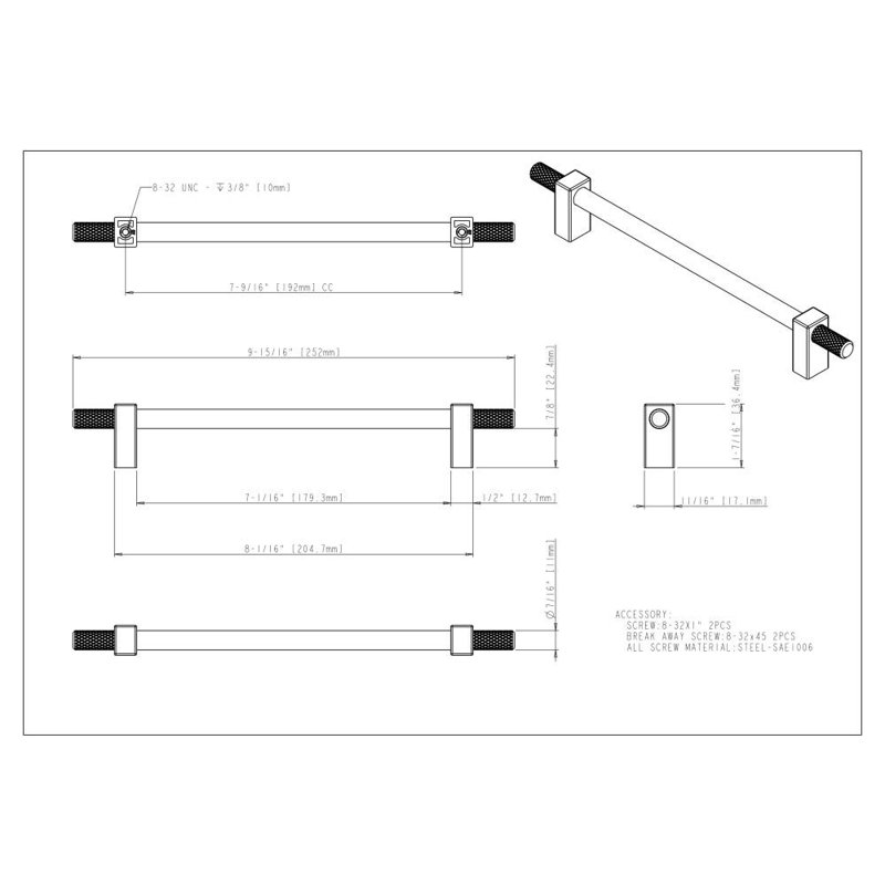 Larkin 4 Knurled Ends Bar Pull, Satin Bronze, 3 3/4"