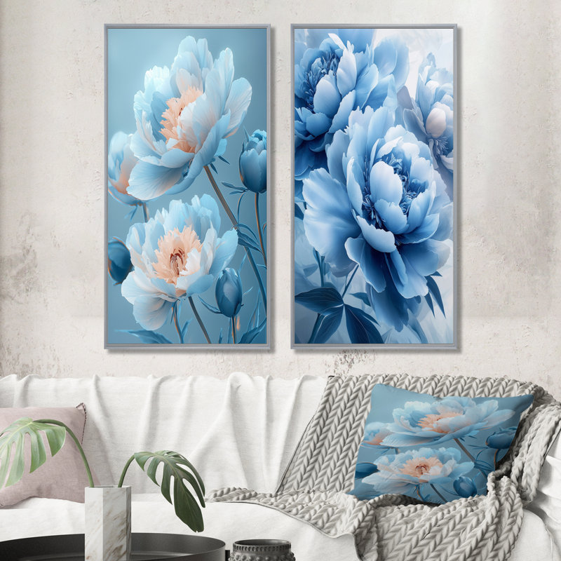 Fleurs de pivoines bleues I - Collection de 2 panneaux de toiles florales, H 32 po x l 33 po, Encadrement argenté