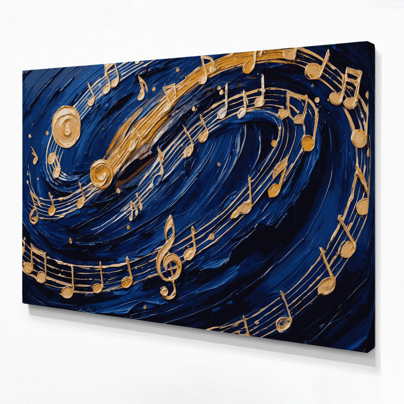 «Music» Notes et symboles musicaux sur toile bleue, H 24 po x l 36 po