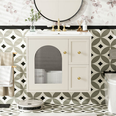 Ensemble de meuble-lavabo mural 24 po pour petit espace, armoire de salle de bain avec lavabo en céramique, 2 tiroirs et 1 porte à fermeture en douceur