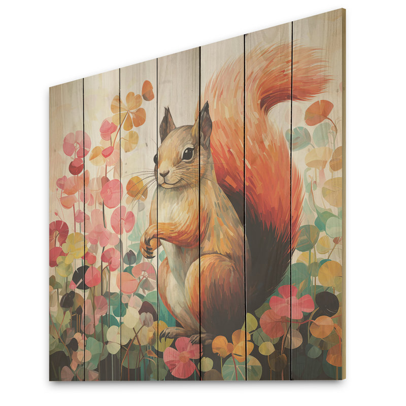 Écureuil rose et vert en fleurs II - animal écureuil sur bois, H 25 po x l 25 po