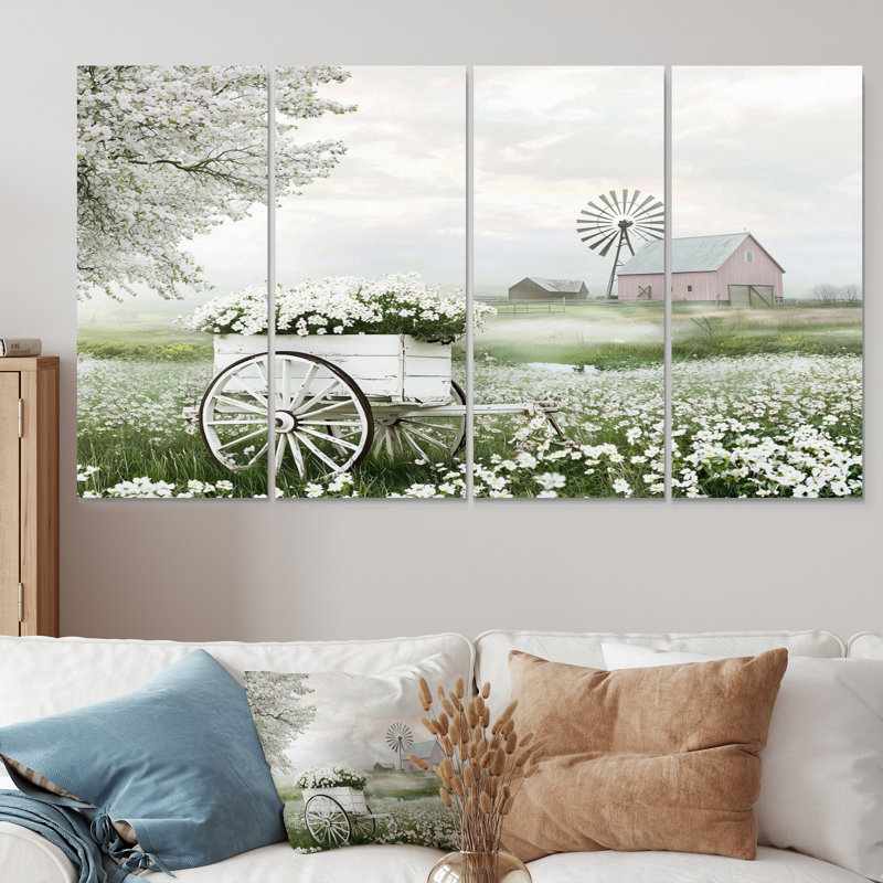 «White Flower Cart At The Barn I», ensemble d'art sur toile, H 28 po x l 48 po