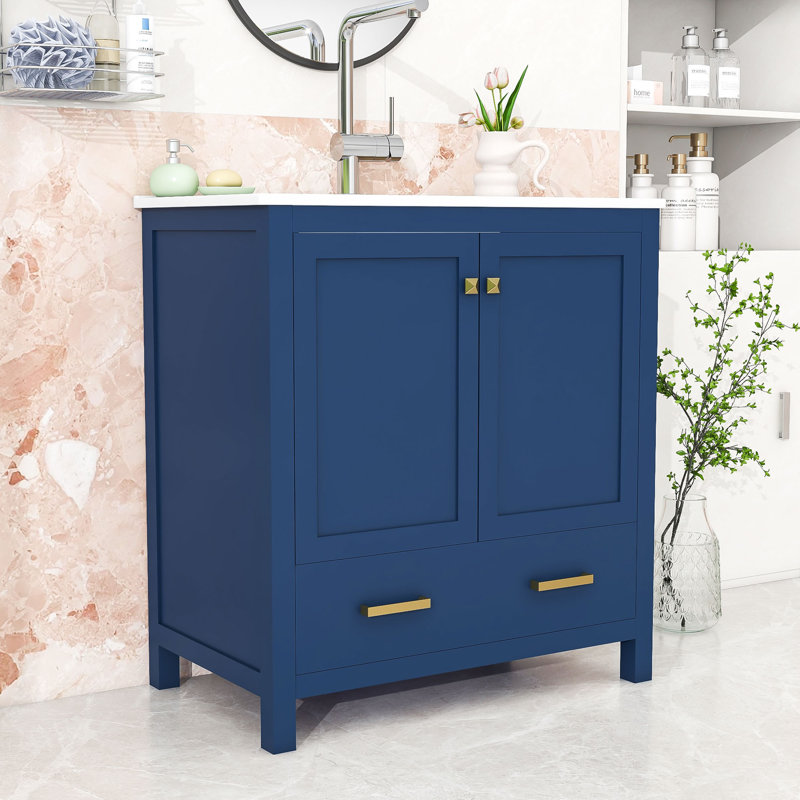 Ensemble de meuble-lavabo simple autoportant en bois avec lavabo en céramique Ordonez, portes à fermeture douce et grand espace de rangement