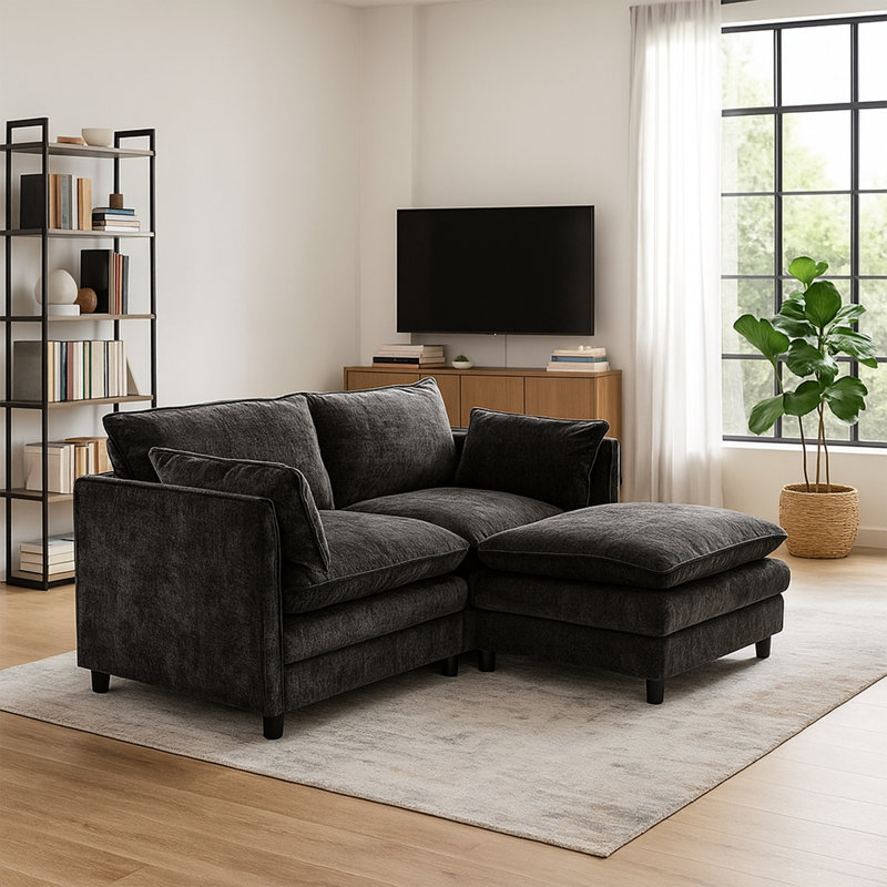 77'' Convertible Chenille Sectional With Ottoman – Compact 2-In-1 Seating, Gray Chenille
