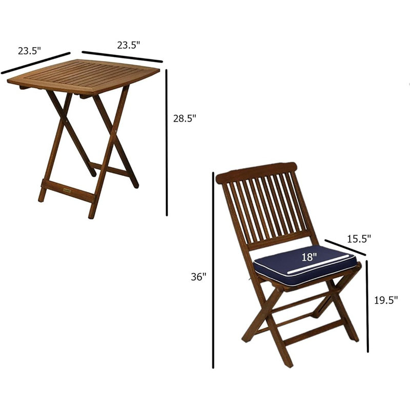 Ensemble bistro carré pour 2 personnes 23,5 po de longueur avec coussins Fleur, Bleu
