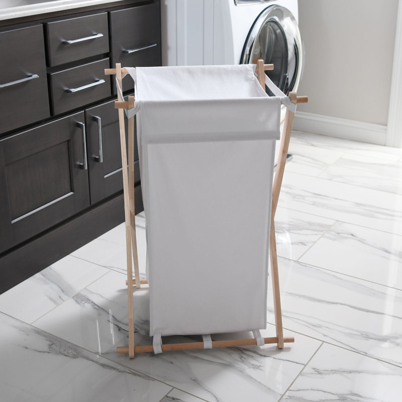 X‑Frame Wood Laundry Hamper with Poly‑Cotton Bag and Folding Rubberwood Frame, White