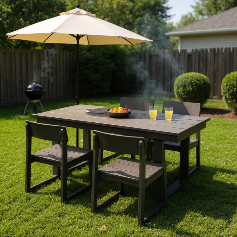 Gray 5 - Piece All Weather Outdoor Patio Dining With 69'' Rectangular Table, 4 Chairs And Umbrella Hole For Garden, Poolside, Patio, Backyard Stable, Frame Gray, Heavy Duty Low Maintenance
