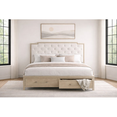 Melin Luxe Bed with Step-Tuft Headboard and 2-Drawer Footboard Storage