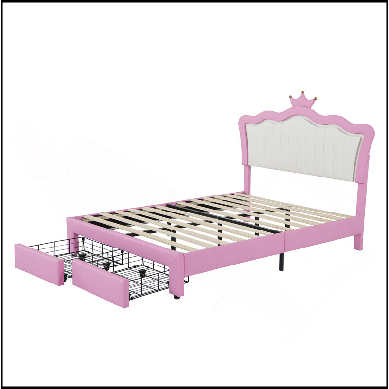 Structure de lit double pleine grandeur avec lumières DEL, lit princesse rembourré moderne avec tête de lit couronne, 2 tiroirs, rose et blanc