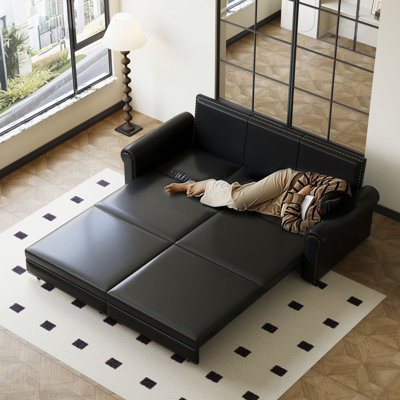 Chesterfield Sofa,93.7" King Pull Out Sofa Bed,3-In-1 Faux Leather Convertible Sleeper Sofa With Nailhead Trim & Rolled Arm,Multi-Functional Sofa Bed