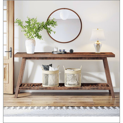 70.9” Extra Long Farmhouse Console Table, Solid Wood Entryway Table with 2-Tier Open Storage, Rustic Narrow Sofa Table Behind Couch for Hallway, Living Room