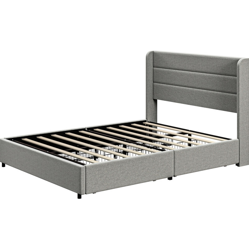 Lit double tapissier - avec tête de lit et capacité de rangement adéquate, silencieux, facile à assembler, sans sommier, cadre gris avec tiroirs plateforme, ressort requis,