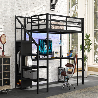 Lit mezzanine avec bureau en forme de L et port USB, lit mezzanine en métal avec garde-robe et tablette réglable, lit mezzanine haut avec DEL pour enfants, adolescents, adultes