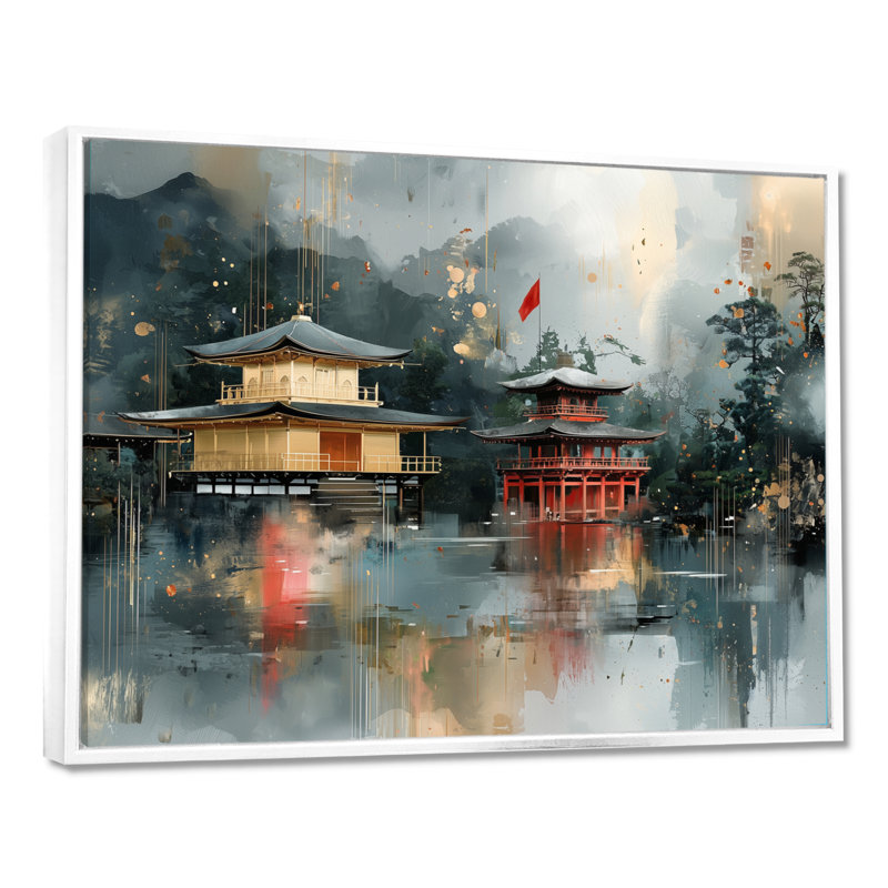 Modern Japan Kyoto Temples II - Japan Large Wall Art, Floater Framed Print, 16" H x 32" W, White