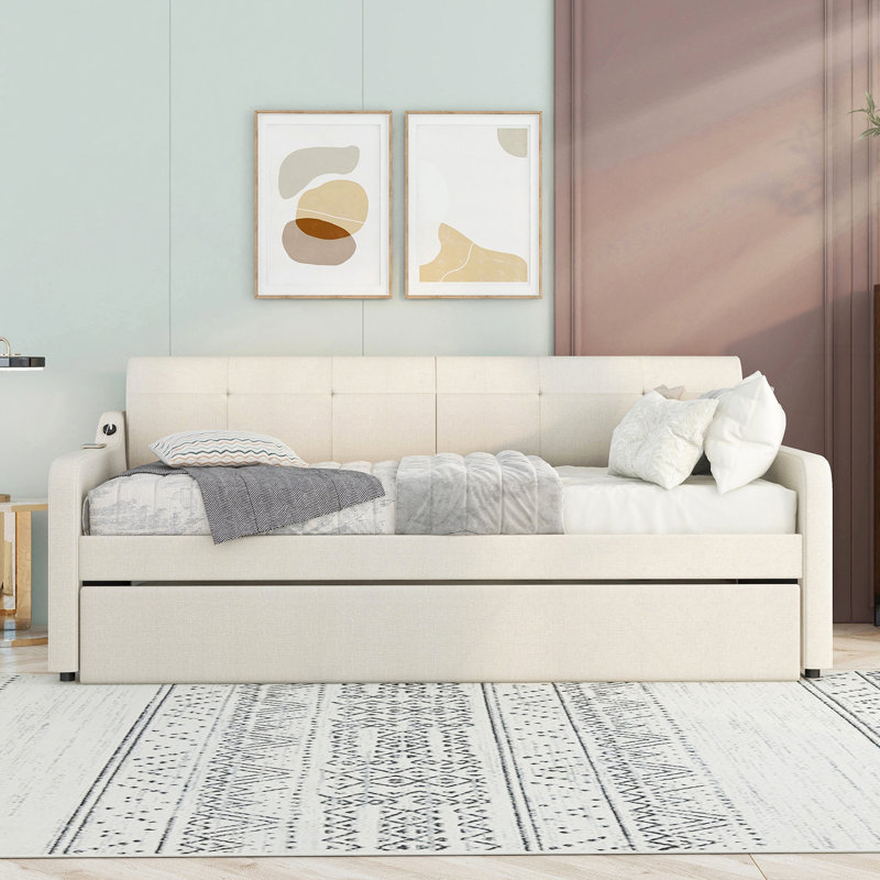 Upholstery Daybed With Trundle And USB Charging Design,Trundle Can Be Flat Or Erected, Beige, Twin