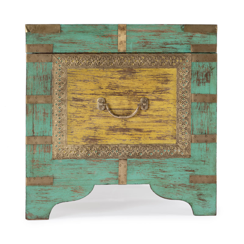 Nador Hand-Painted Brass Inlay Storage Trunk Coffee Table, Green/ Gold