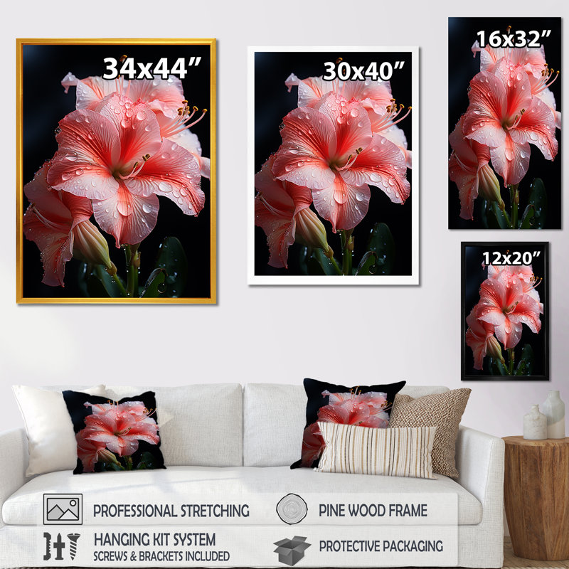 Fleur de lis rose III - art mural Lily, Cadre flottant noir, H 32 po x l 16 po x P 1 po