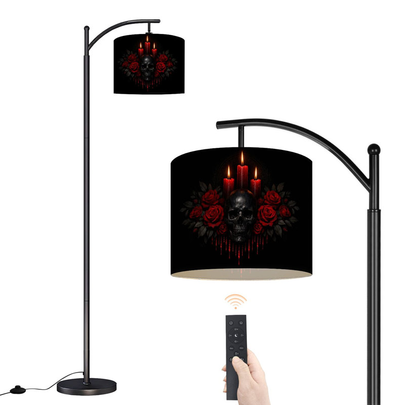 Lampe sur pied à arc en forme de tête de mort gothique avec bougies rouges et roses avec lampes DEL esthétiques foncées et abat-jour réglables