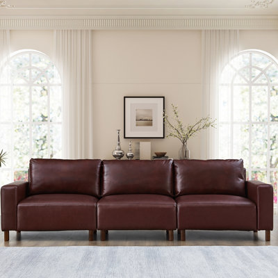 Luxury 112" Burgundy Three Seat Breathable Pu Leather , Solid Wood Frame And Comfortable Seating Experience For Living Room Mid - 20th Century Design Apartment